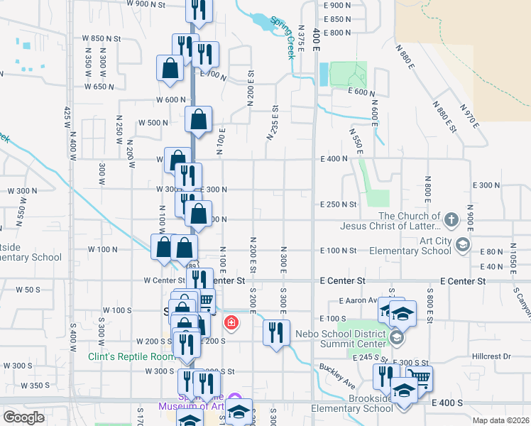 map of restaurants, bars, coffee shops, grocery stores, and more near 245 East 200 North in Springville