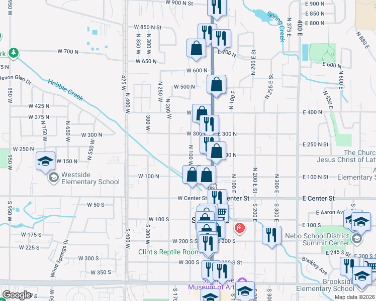 map of restaurants, bars, coffee shops, grocery stores, and more near 224 North 100 West in Springville