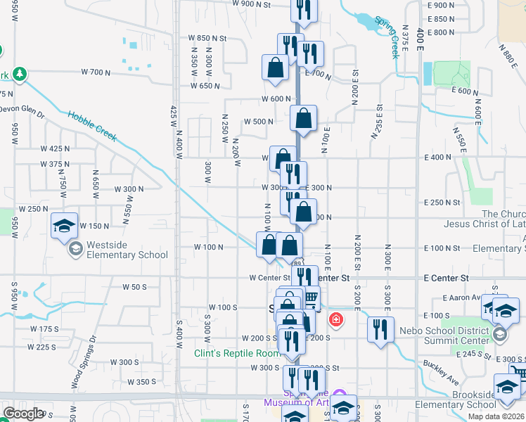 map of restaurants, bars, coffee shops, grocery stores, and more near 224 North 100 West in Springville