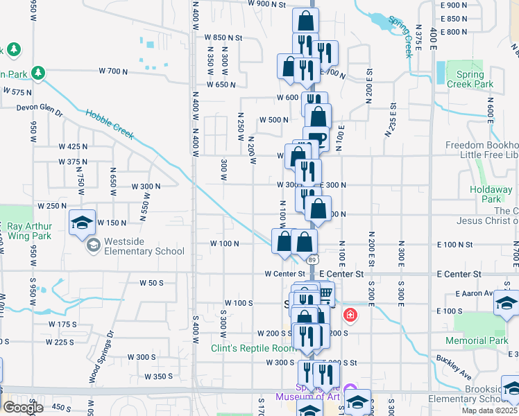 map of restaurants, bars, coffee shops, grocery stores, and more near 150 West 200 North Street in Springville