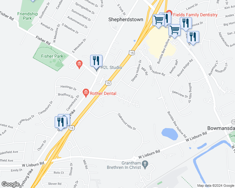 map of restaurants, bars, coffee shops, grocery stores, and more near 2105 Quail Hollow Drive in Mechanicsburg