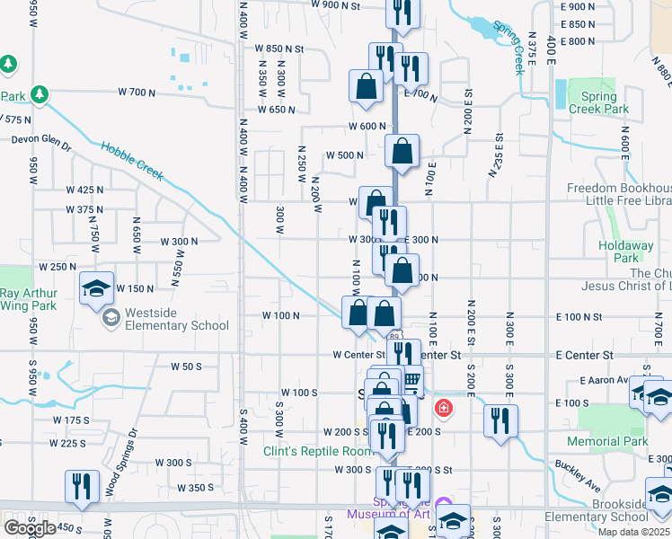map of restaurants, bars, coffee shops, grocery stores, and more near 150 West 200 North Street in Springville