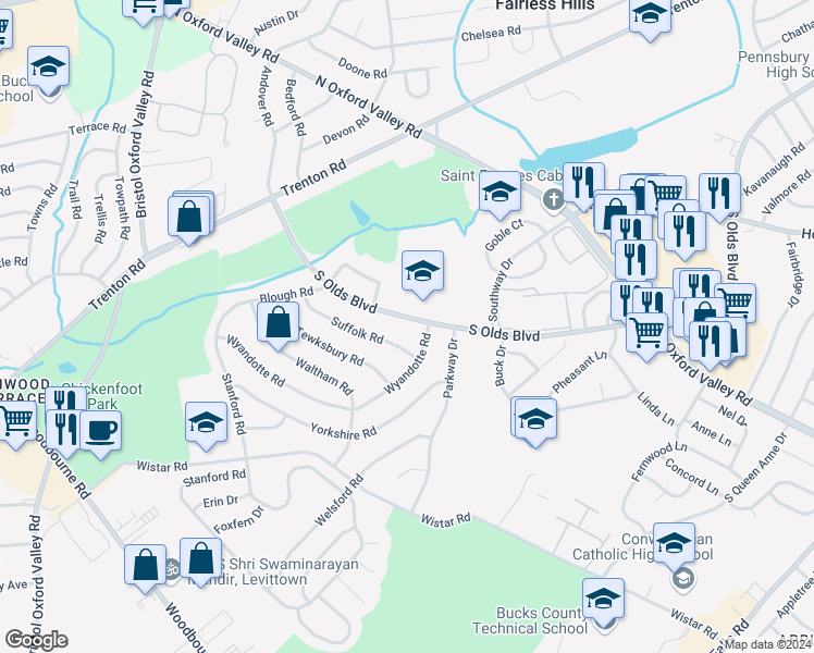 map of restaurants, bars, coffee shops, grocery stores, and more near 226 South Olds Boulevard in Fairless Hills