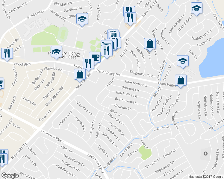 map of restaurants, bars, coffee shops, grocery stores, and more near 88 Black Pine Lane in Levittown