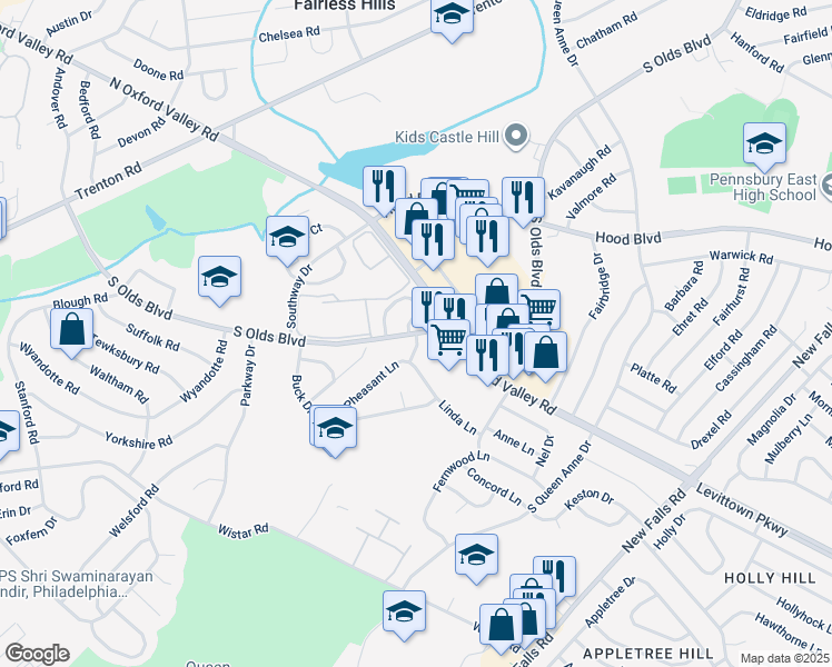 map of restaurants, bars, coffee shops, grocery stores, and more near 101 Doe Run Dr in Fairless Hills