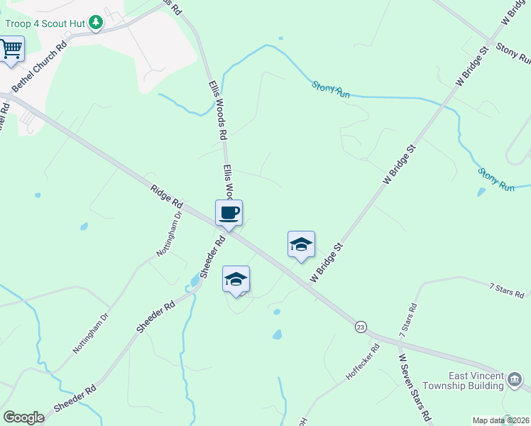 map of restaurants, bars, coffee shops, grocery stores, and more near 355 Ridge Road in Phoenixville