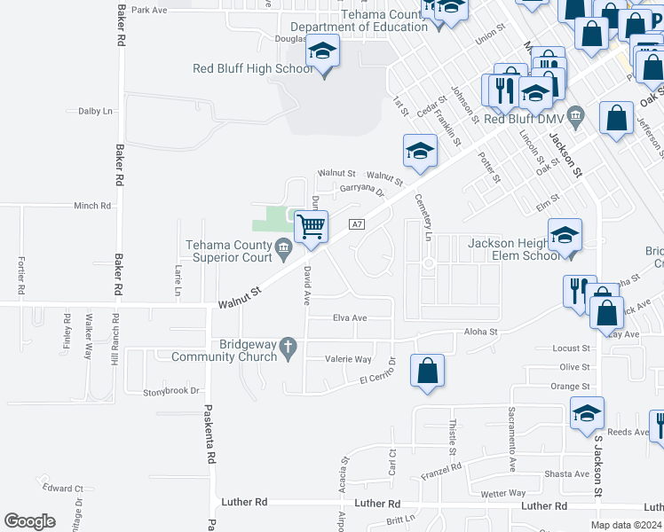 map of restaurants, bars, coffee shops, grocery stores, and more near 1725 Scottsdale Way in Red Bluff
