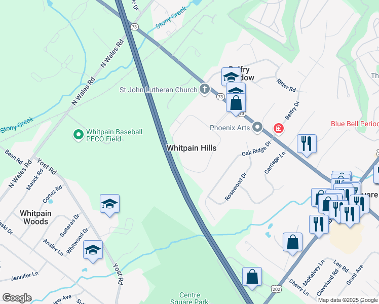 map of restaurants, bars, coffee shops, grocery stores, and more near 1604 Whitpain Hills in Blue Bell