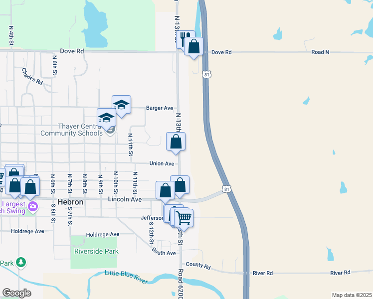 map of restaurants, bars, coffee shops, grocery stores, and more near 334 North 13th Street in Hebron