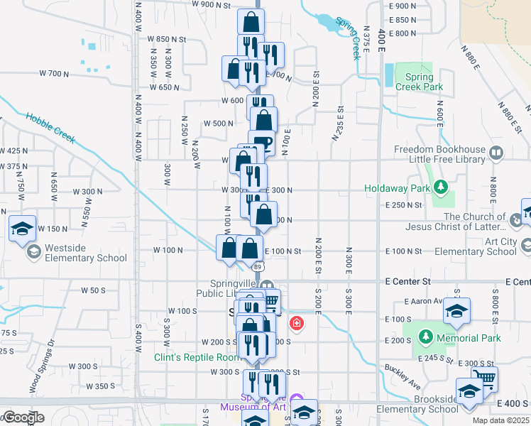 map of restaurants, bars, coffee shops, grocery stores, and more near 206 North Main Street in Springville