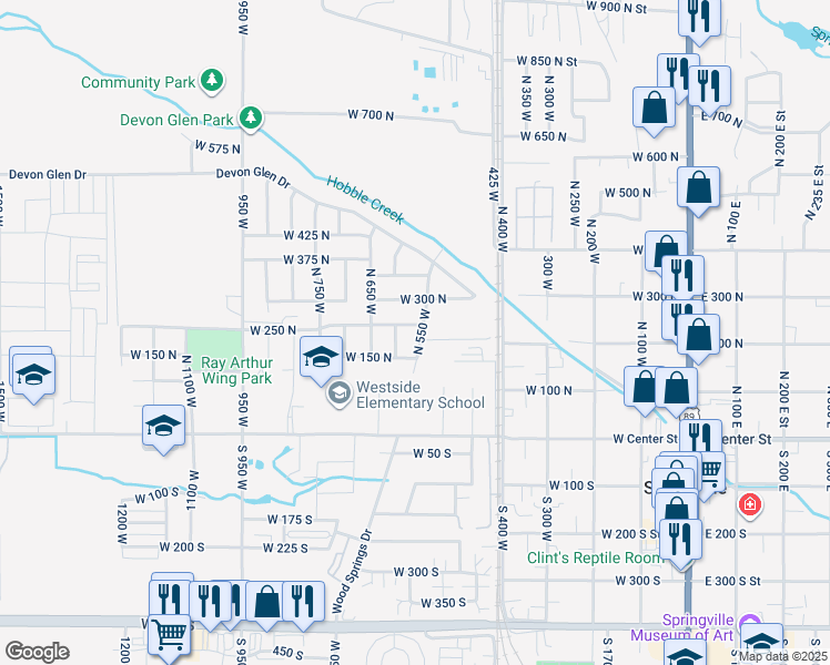 map of restaurants, bars, coffee shops, grocery stores, and more near 247 North 550 West in Springville