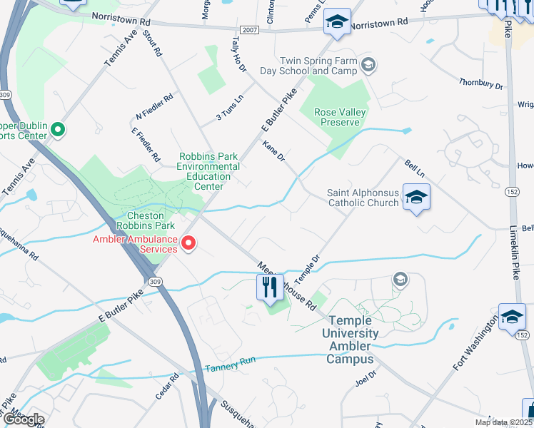 map of restaurants, bars, coffee shops, grocery stores, and more near 434 Meetinghouse Road in Maple Glen