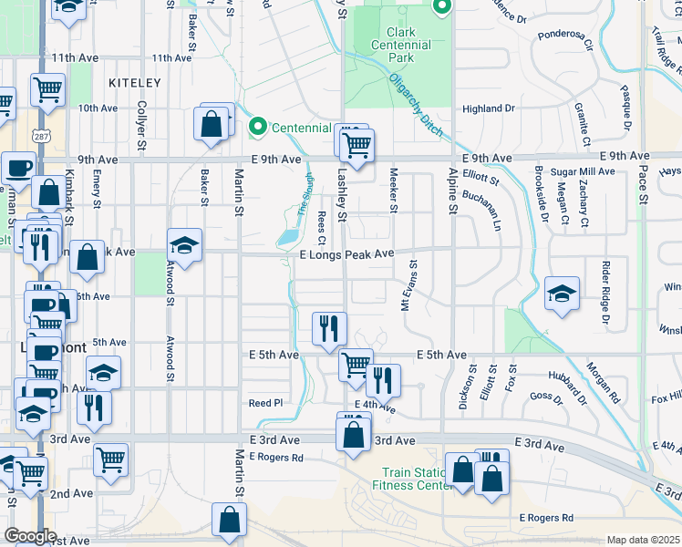 map of restaurants, bars, coffee shops, grocery stores, and more near 146 Saint Clair Avenue in Longmont