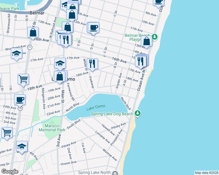 map of restaurants, bars, coffee shops, grocery stores, and more near 301 19th Avenue in Belmar