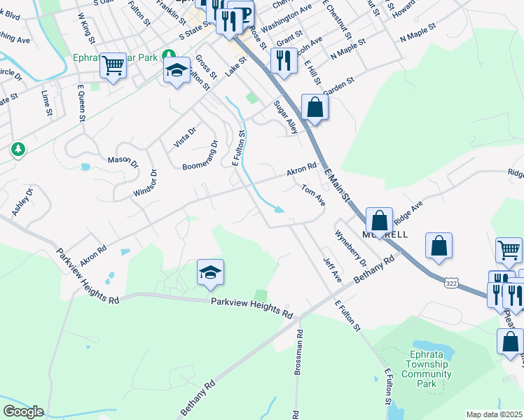 map of restaurants, bars, coffee shops, grocery stores, and more near 224 East Fulton Street in Ephrata