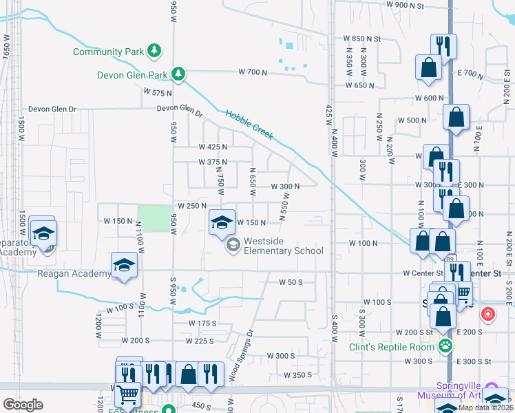 map of restaurants, bars, coffee shops, grocery stores, and more near 244 North 650 West in Springville