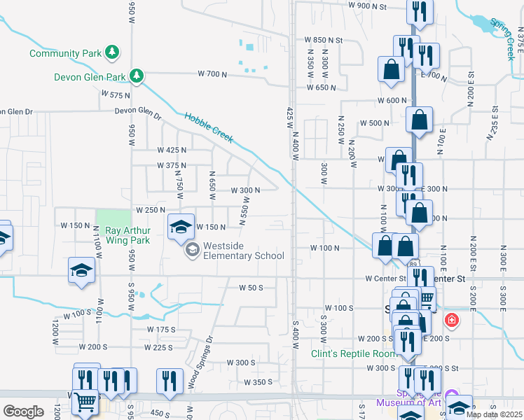 map of restaurants, bars, coffee shops, grocery stores, and more near 476 West 200 North Street in Springville