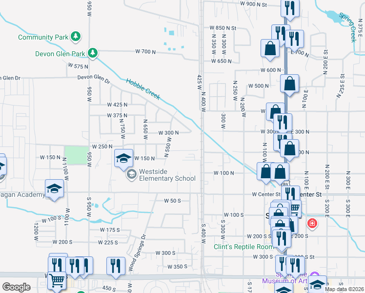 map of restaurants, bars, coffee shops, grocery stores, and more near 476 West 200 North in Springville