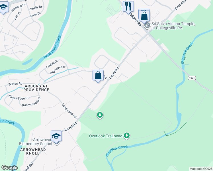 map of restaurants, bars, coffee shops, grocery stores, and more near 104 Level Road in Collegeville