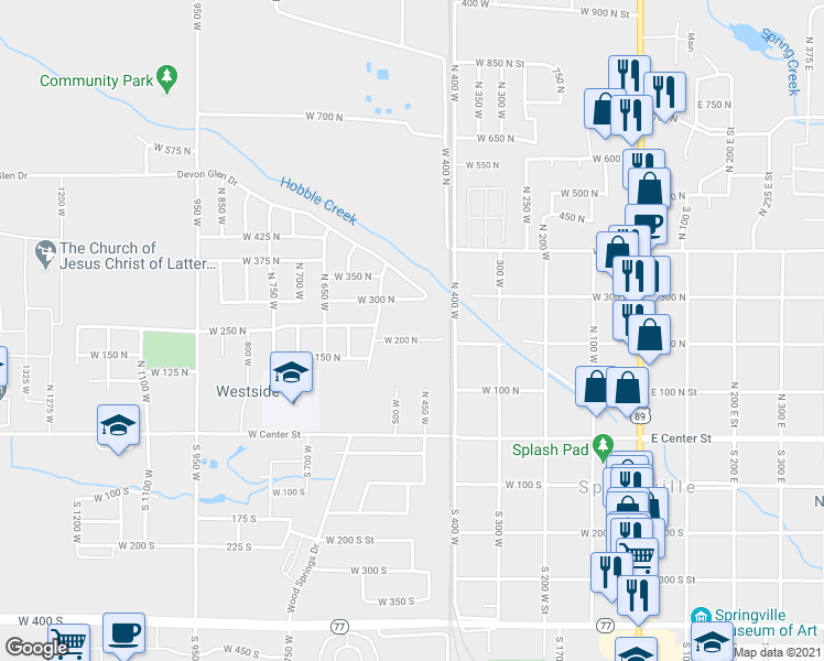 map of restaurants, bars, coffee shops, grocery stores, and more near 476 West 200 North in Springville