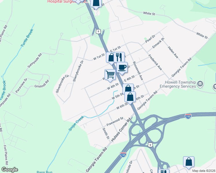 map of restaurants, bars, coffee shops, grocery stores, and more near 120 West 4th Street in Howell Township