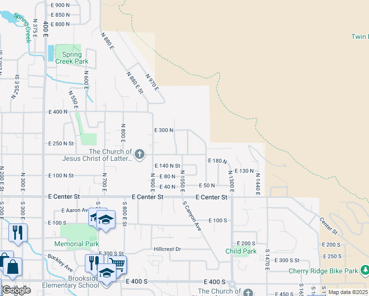 map of restaurants, bars, coffee shops, grocery stores, and more near 231 North 1100 East Street in Springville