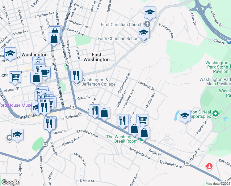 map of restaurants, bars, coffee shops, grocery stores, and more near 417 East Wheeling Street in Washington