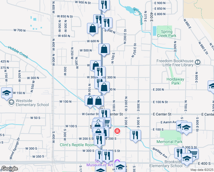 map of restaurants, bars, coffee shops, grocery stores, and more near 206 North Main Street in Springville