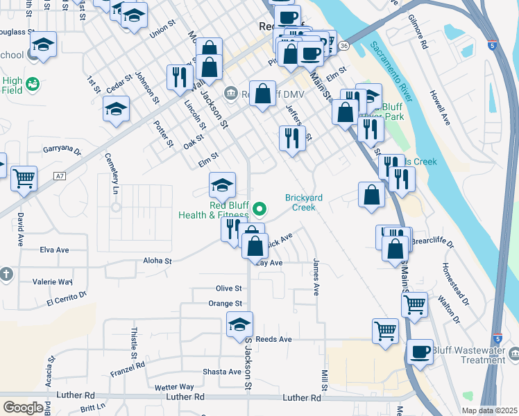 map of restaurants, bars, coffee shops, grocery stores, and more near 100 Jackson Street in Red Bluff