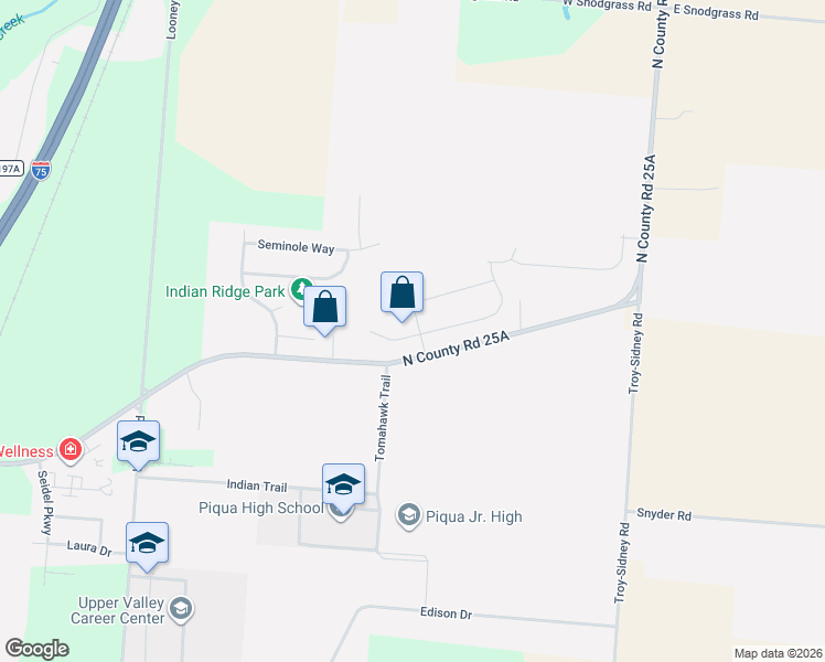map of restaurants, bars, coffee shops, grocery stores, and more near 3200 Sioux Drive in Piqua