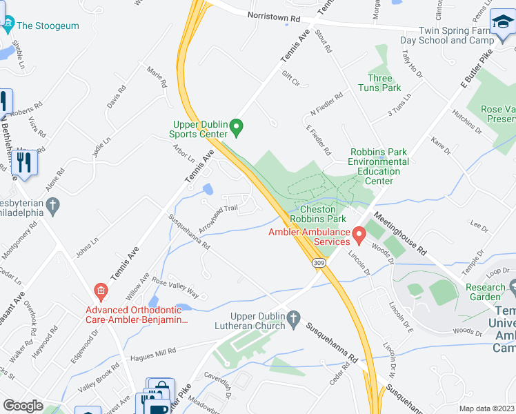 map of restaurants, bars, coffee shops, grocery stores, and more near 1909 Chippewa Ridge in Ambler