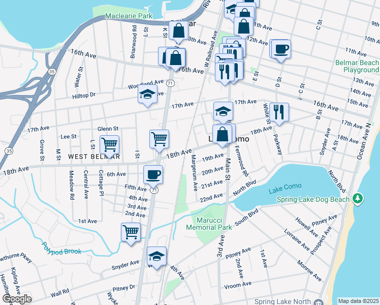 map of restaurants, bars, coffee shops, grocery stores, and more near 1801 Margerum Avenue in Belmar