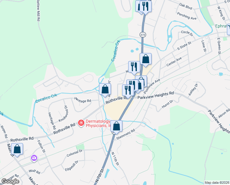 map of restaurants, bars, coffee shops, grocery stores, and more near 1093 Henn Ave in Ephrata