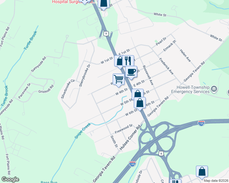 map of restaurants, bars, coffee shops, grocery stores, and more near 120 West 4th Street in Howell Township