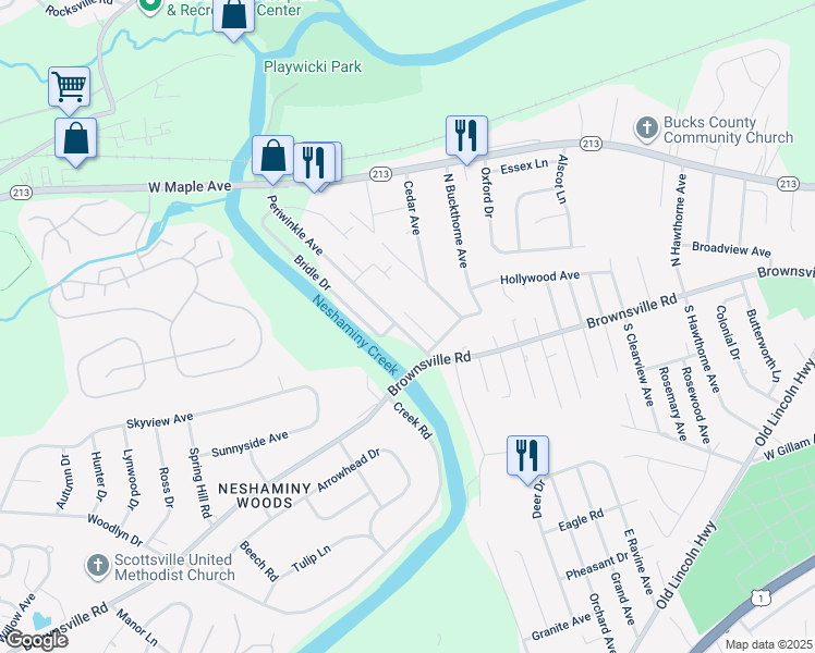 map of restaurants, bars, coffee shops, grocery stores, and more near 249 Periwinkle Avenue in Langhorne