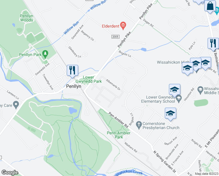 map of restaurants, bars, coffee shops, grocery stores, and more near 186 Albemarle Drive in Penllyn