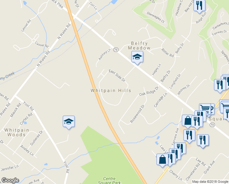 map of restaurants, bars, coffee shops, grocery stores, and more near 1604 Whitpain Hills in Blue Bell