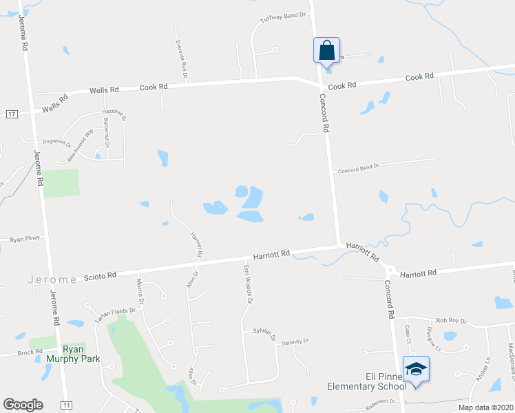 map of restaurants, bars, coffee shops, grocery stores, and more near 7610 Harriott Road in Dublin