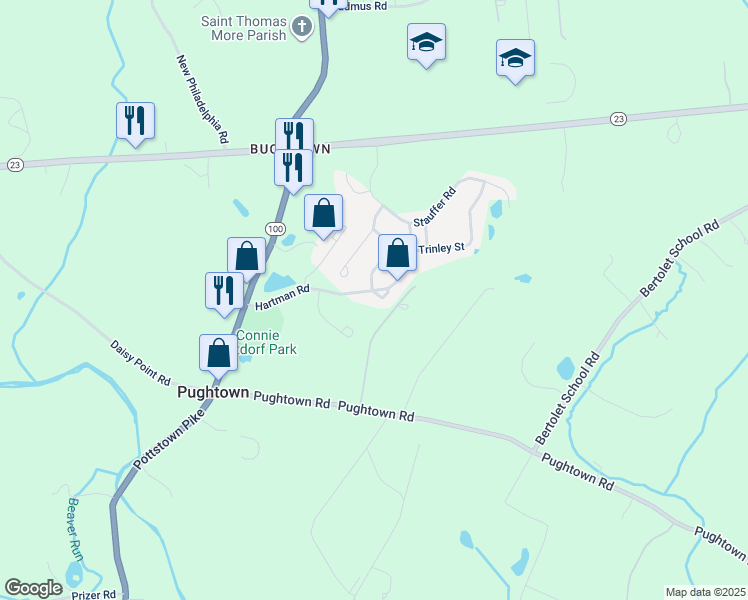 map of restaurants, bars, coffee shops, grocery stores, and more near 123 Hartman Road in Pottstown