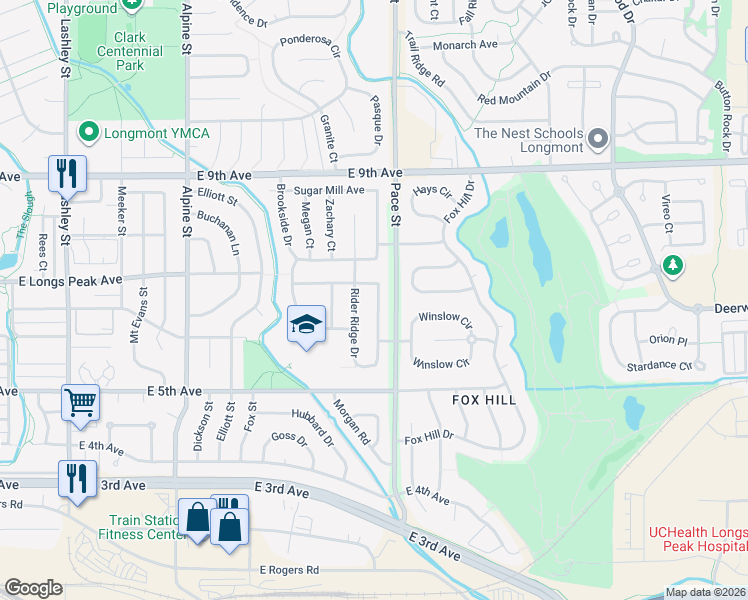 map of restaurants, bars, coffee shops, grocery stores, and more near 624 Rider Ridge Drive in Longmont