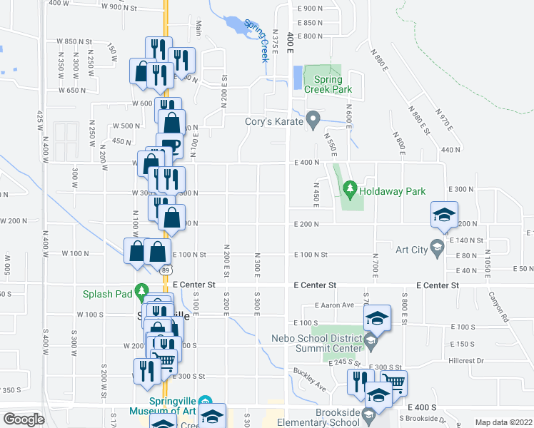 map of restaurants, bars, coffee shops, grocery stores, and more near 333 East 200 North in Springville