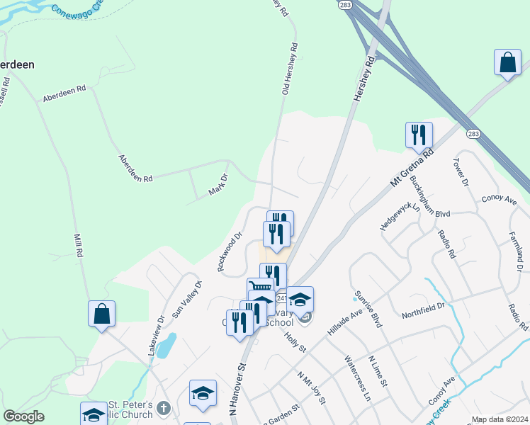 map of restaurants, bars, coffee shops, grocery stores, and more near 817 Rockwood Drive in Elizabethtown