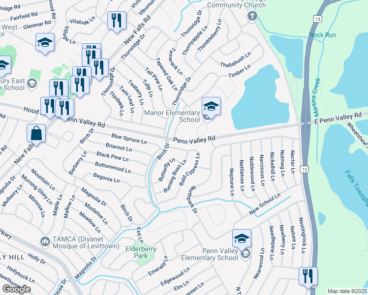 map of restaurants, bars, coffee shops, grocery stores, and more near 100 Bald Cypress Lane in Levittown
