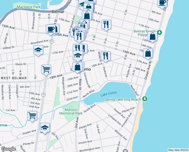 map of restaurants, bars, coffee shops, grocery stores, and more near 1823 1/2 Pine Terrace in Belmar