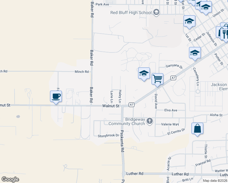 map of restaurants, bars, coffee shops, grocery stores, and more near 685 Larie Lane in Red Bluff