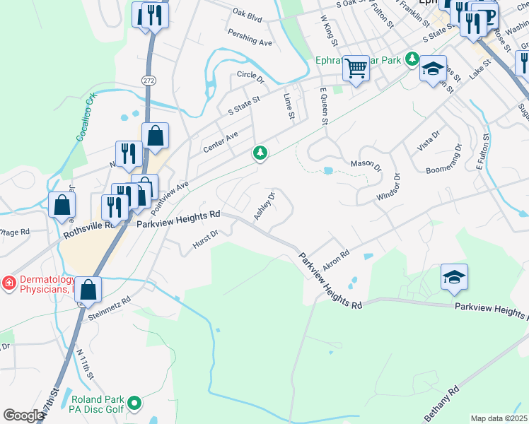 map of restaurants, bars, coffee shops, grocery stores, and more near 125 Ashley Dr in Ephrata