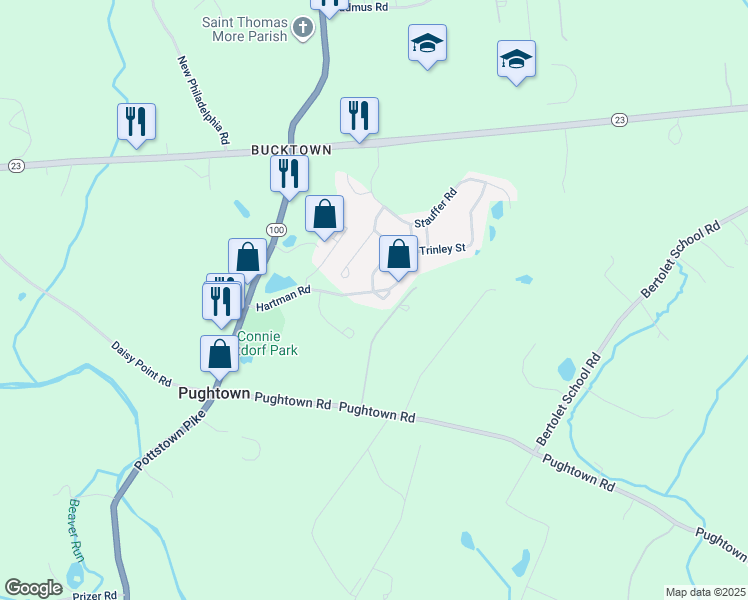 map of restaurants, bars, coffee shops, grocery stores, and more near 123 Hartman Road in Pottstown