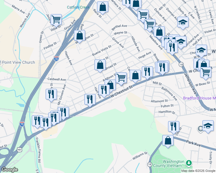 map of restaurants, bars, coffee shops, grocery stores, and more near 105 Baird Avenue in Washington