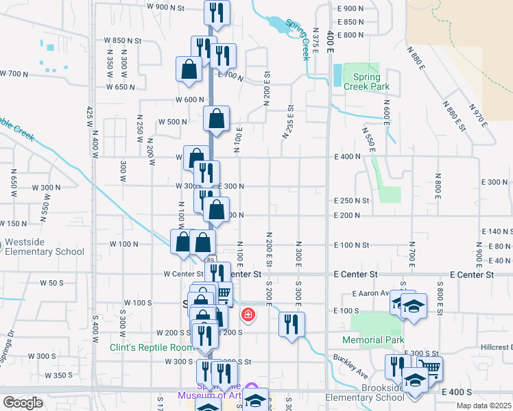 map of restaurants, bars, coffee shops, grocery stores, and more near 163 East 200 North in Springville