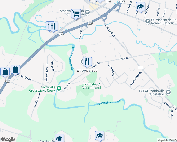 map of restaurants, bars, coffee shops, grocery stores, and more near 239 Main Street in Hamilton Township